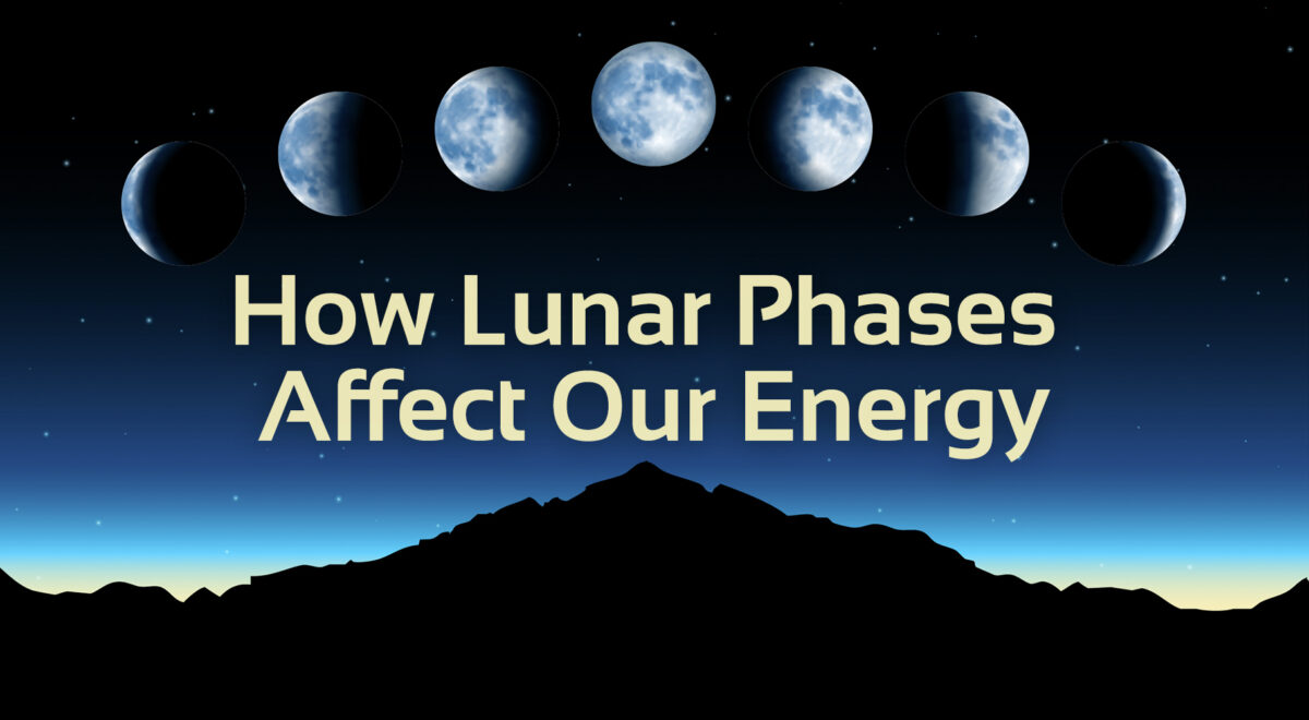 Moon phases on black to blue gradient background with mountain at the bottom. Text in the middle which says 'How Lunar Phases Affect Our Energy'