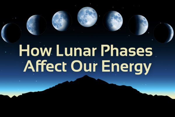 Moon phases on black to blue gradient background with mountain at the bottom. Text in the middle which says 'How Lunar Phases Affect Our Energy'