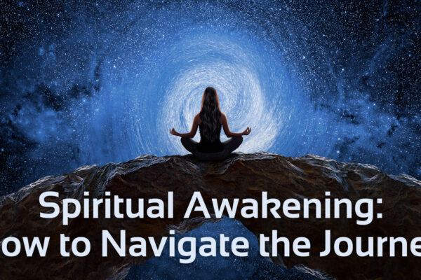 woman sitting in yoga position on large rock, behind her is a galaxy spiral. everything is dark and spiritual. There is text that says 'Spiritual Awakening: How to navigate the journey'