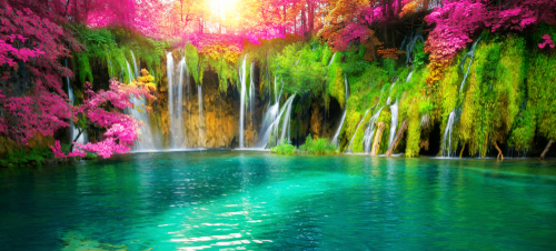 lake with waterfalls pouring into it, green and pink trees around