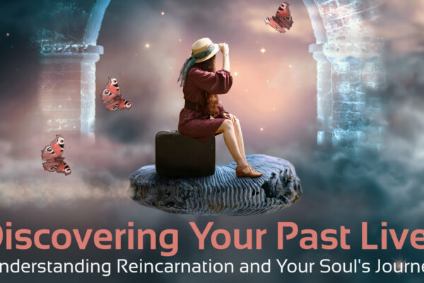 woman sitting on box with butterflies around her, text at the bottom that says 'discovering your past lives, understanding reincarnation and your souls purpose'