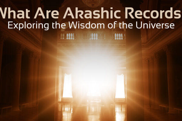 'what are akashic records? exploring the wisdom of the universe' text with image of light glowing through door