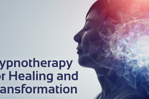 'hypnotherapy for healing and transformation' text with image of woman and overlay of brain with galaxy