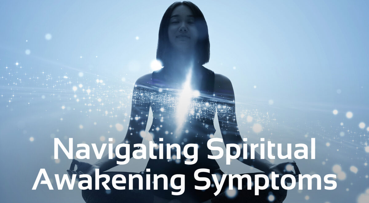 'Spiritual awakening symptoms' text with image of woman in lotus yoga pose