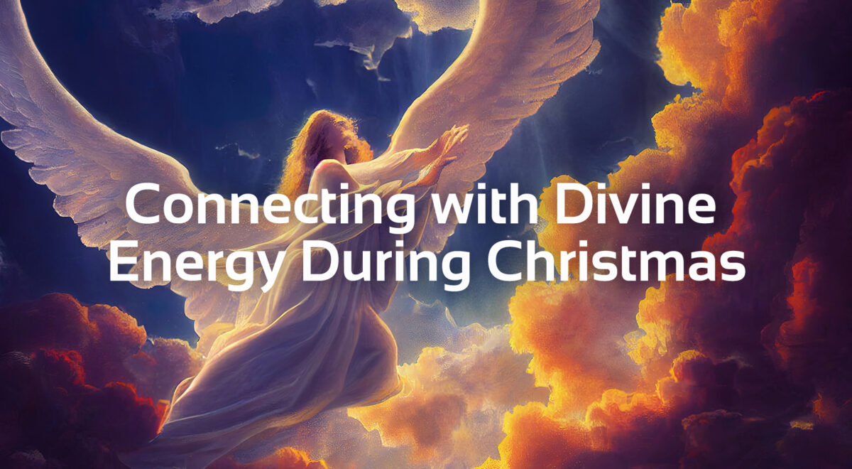 Connecting with divine energy during christmas text with image of angel in clouds