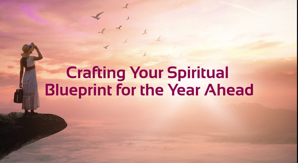 crafting your spiritual blueprint for the year ahead text with image of woman looking at sunset / sunrise with birds in the background