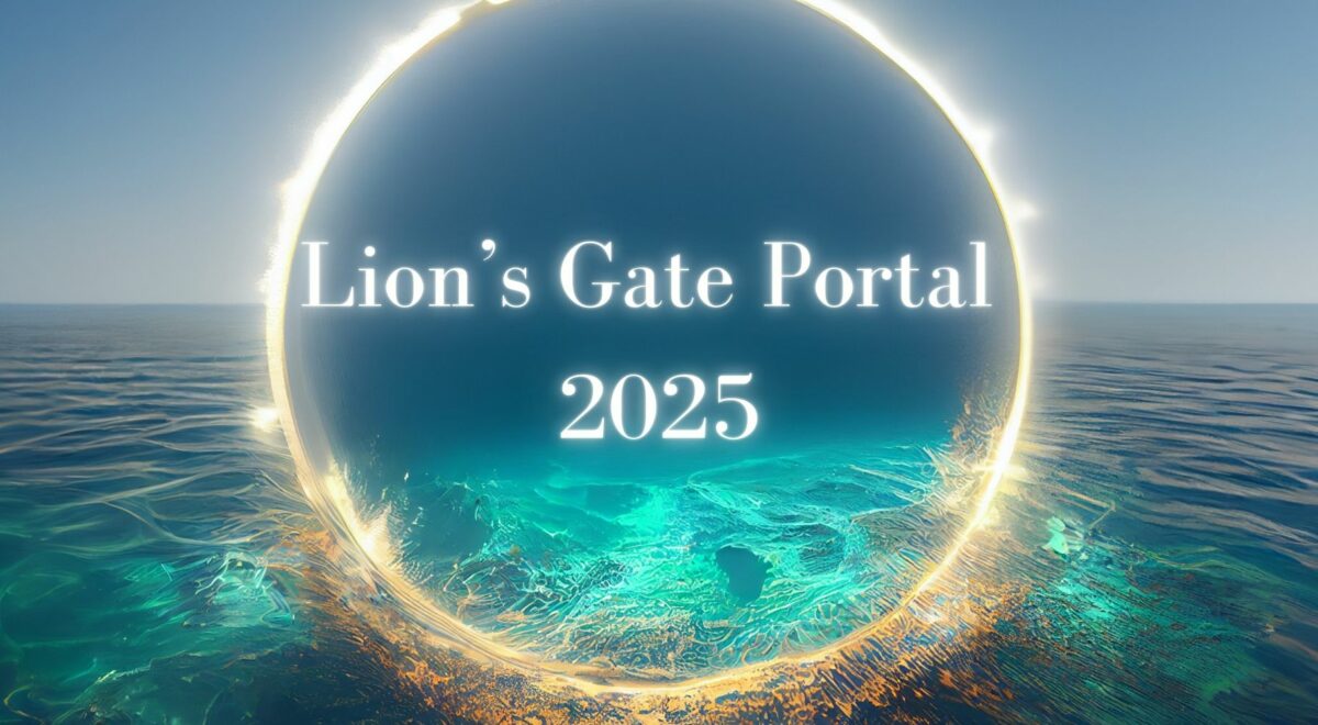 Lion’s Gate Portal 2025 text with background image of glowing portal over water