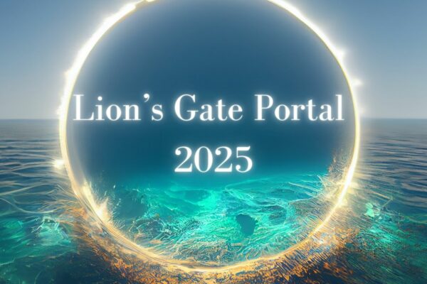 Lion’s Gate Portal 2025 text with background image of glowing portal over water