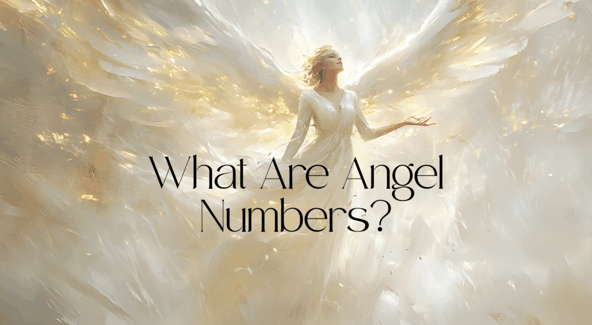 'what are angel numbers' text with background image of painting of angel