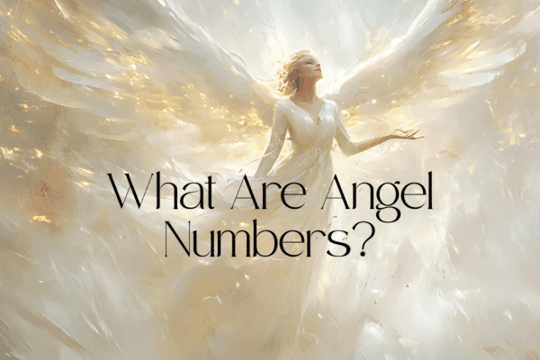 'what are angel numbers' text with background image of painting of angel