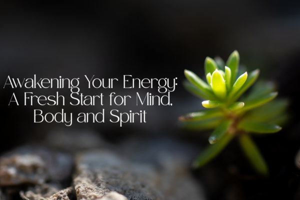 'Awakening Your Energy: A Fresh Start for Mind, Body and Spirit' text with image of plant growing through rocks