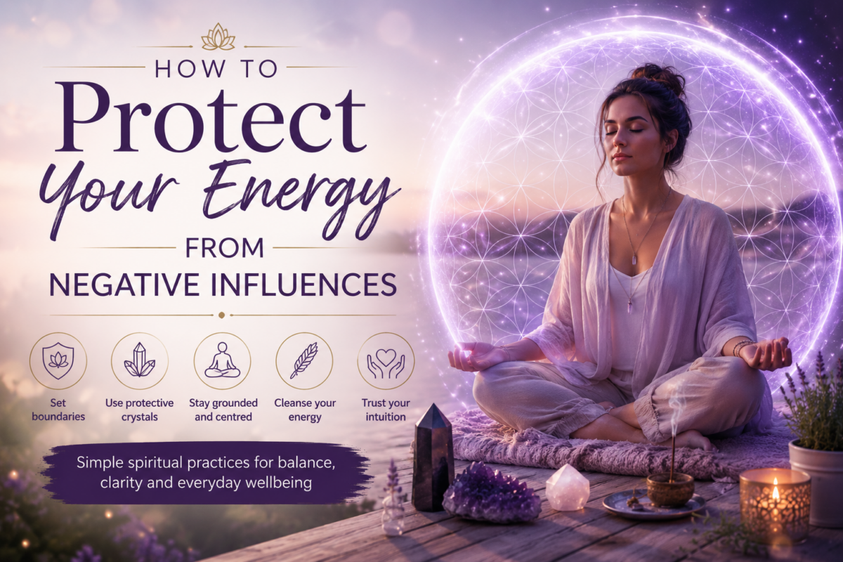 Woman meditating outdoors within a glowing protective energy shield, surrounded by crystals and candles. Soft purple tones and spiritual imagery illustrate the concept of protecting your energy from negative influences.