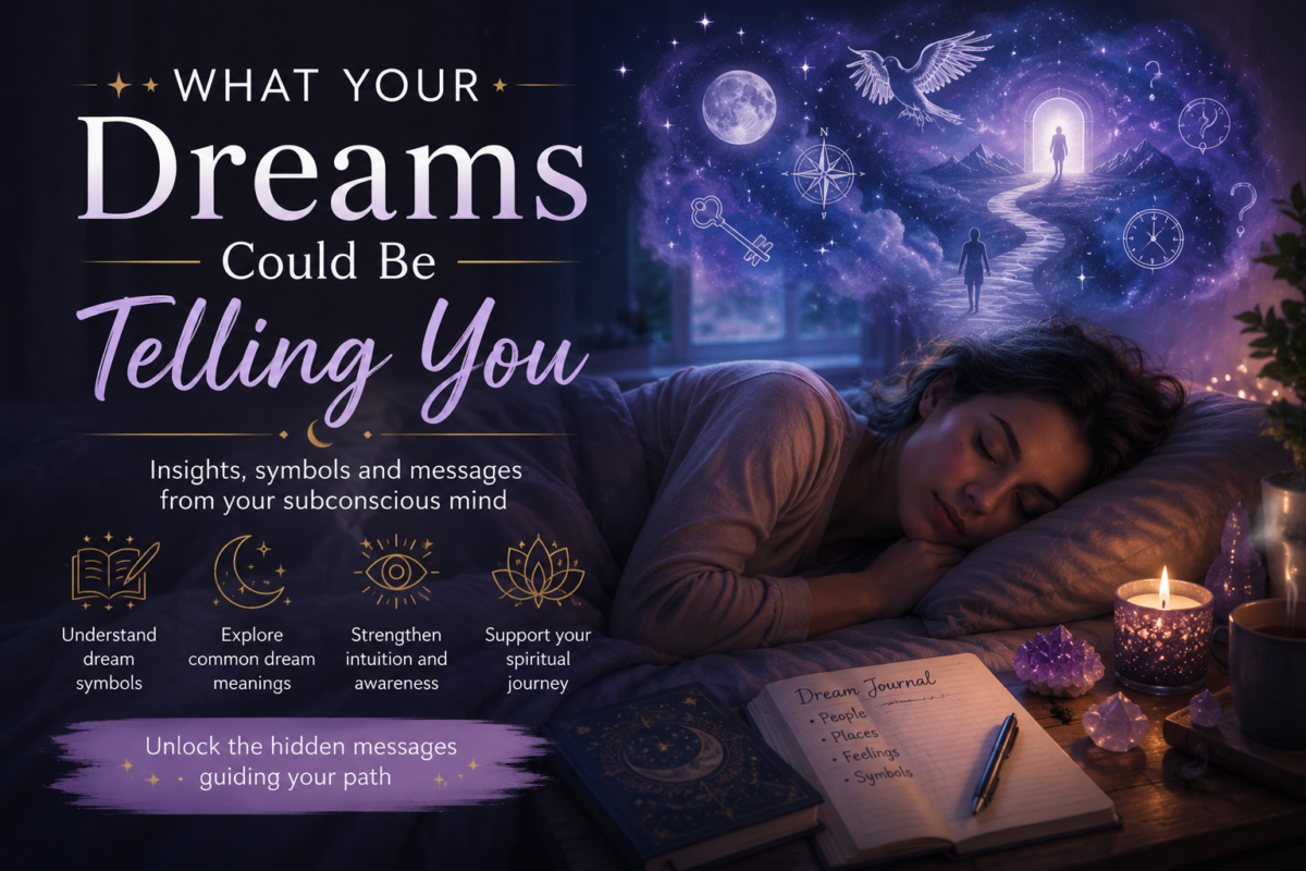 Woman sleeping peacefully in bed while mystical dream imagery appears above her, including a moonlit path, stars, symbols, and spiritual icons. The image represents dream interpretation, intuition, and messages from the subconscious mind.
