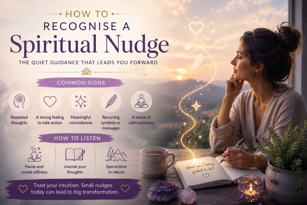 Woman sitting outdoors at sunset, journaling and reflecting while a glowing trail of light, heart symbol, and spiritual icons appear around her. The image represents intuition, self-reflection, and recognising subtle spiritual guidance in everyday life.